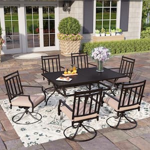 7-Piece Metal Patio Outdoor Dining Set with Slat Rectangle Table and Stripe Swivel Chairs with Beige Cushions