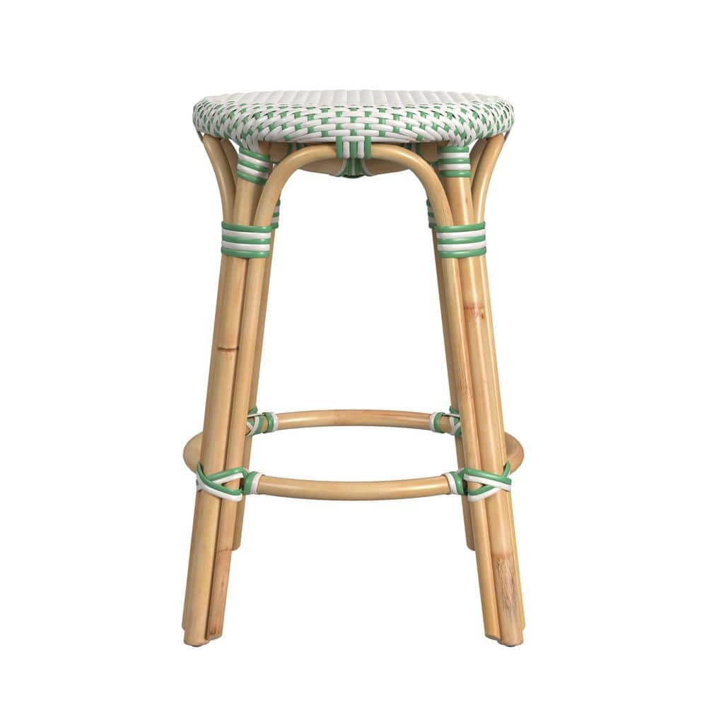 White and Green Dot Rattan Backless Counter Stool