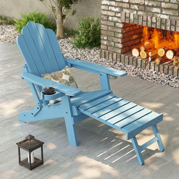 Lake Blue Folding Adirondack Chair with Retractable Ottoman, Weather Resistant Fire Pit Patio Chair with Cup Holder