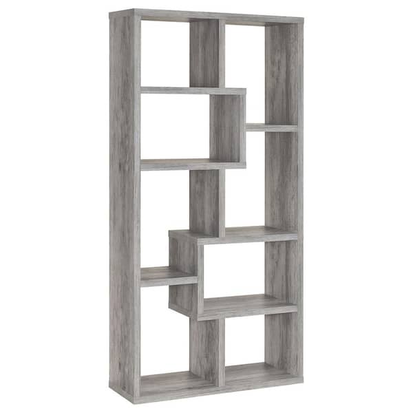 Coaster 70.75in Grey Driftwood Wood 10-Shelf Geometric Bookcase 801137 ...