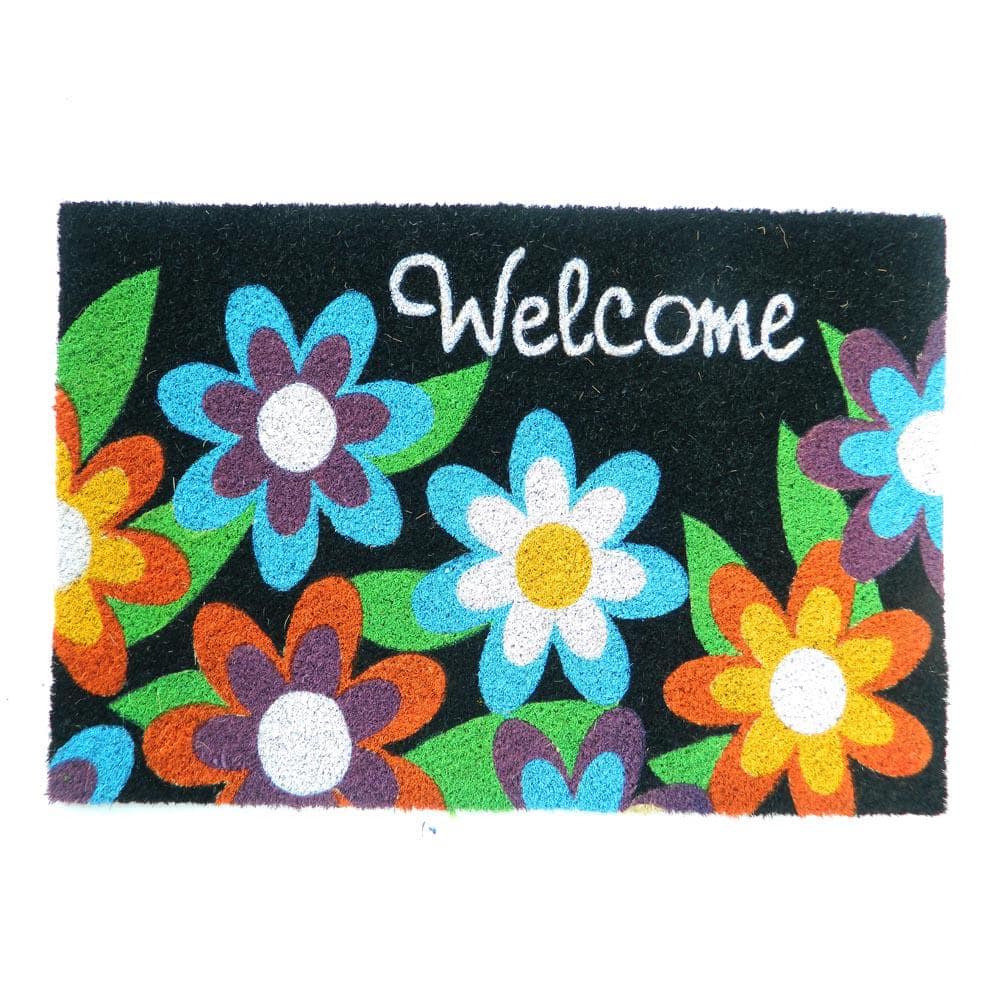 Welcome Black Floral 18 in. W x 30 in. L Coir Non-Slip Indoor Outdoor Door 