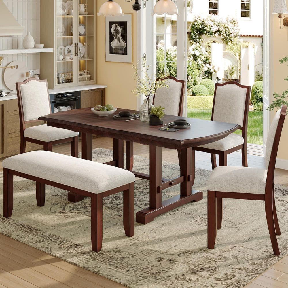 Norwick French 6-Piece Extendable Rectangle MDF Top Dining Table Set with Side Chair and Bench, 6 Seats, Cherry + Beige