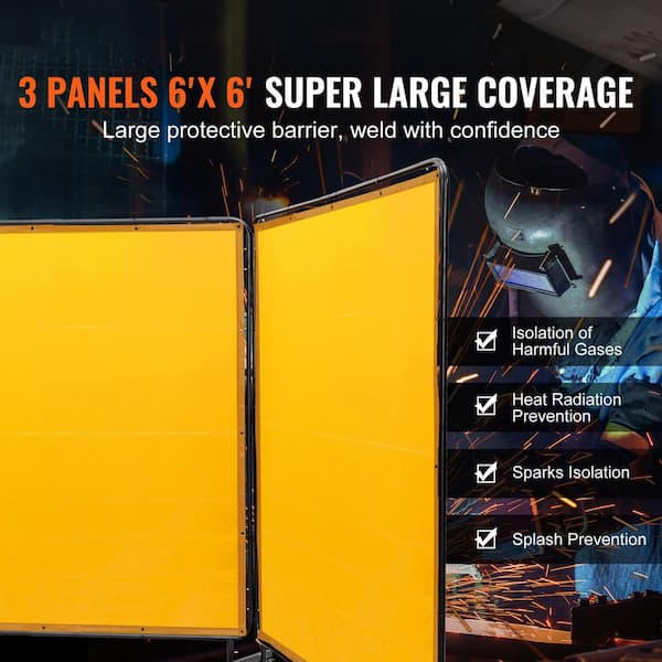 Welding Screen 6 ft. x 6 ft. 3-Panel Welding Curtain Flame Retardant with Frame and Wheels Adjustable Size, Yellow
