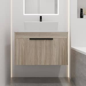 30 in. W x 19 in. D x 23.6 in. H Floating Bath Vanity in White Oak with White Engineered Stone Composite Top and Sink