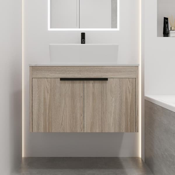Staykiwi 30 in. W x 19 in. D x 23.6 in. H Floating Bath Vanity in White Oak with White Engineered Stone Composite Top and Sink