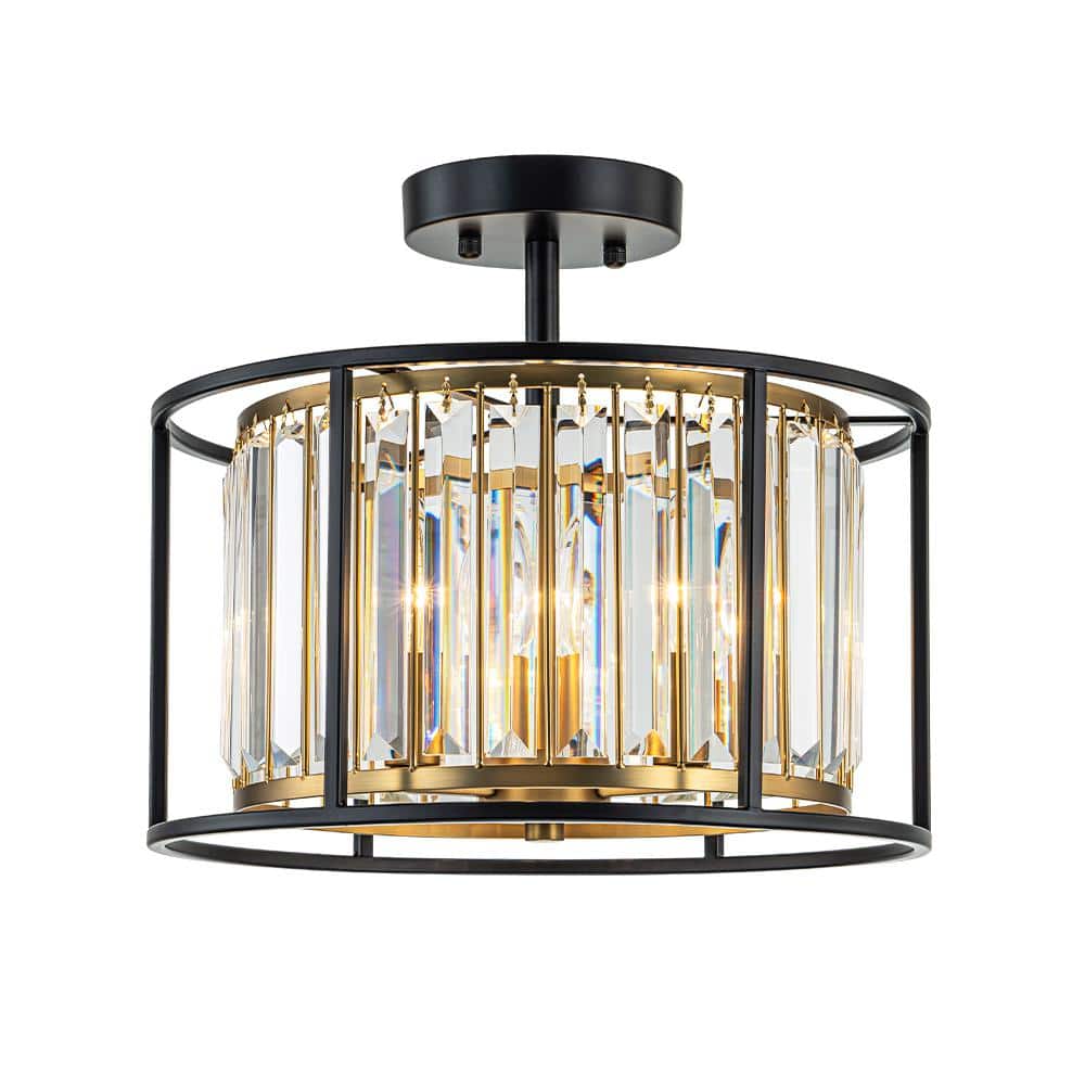 13.98 In. 3-Light Matte Black Modern Crystal Semi Flush Mount Ceiling ...