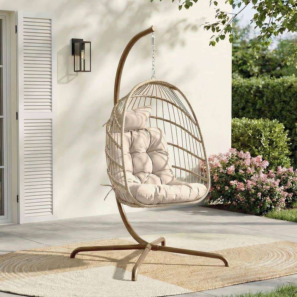 Foldable 350 lbs. 1-Person Beige Wicker Patio Swing Egg Chair with Beige Stand and Beige Cushion, Outdoor Hanging Chair price history on PriceWatchPro