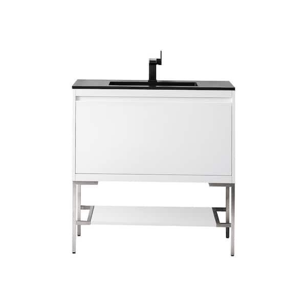 James Martin Vanities Mantova 35.4 in. W x 18.1 in. D x 36 in. H Single Vanity Glossy White and Charcoal Black Composite Stone Top
