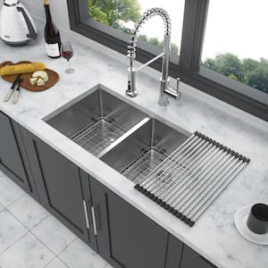 30 in. Undermount Double Bowl 16 Gauge Brushed Nickel Stainless Steel Kitchen Sink with Bottom Grids