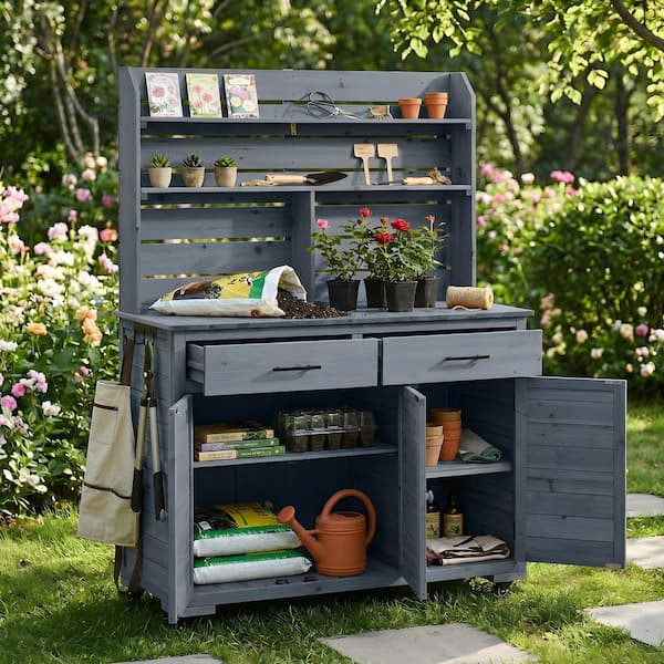 Garden Potting Bench w/Drawers, Removal Shelves, Lockable Wheel