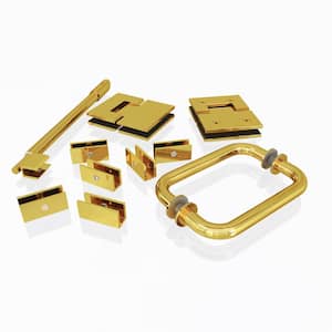 78 in. 90 Degree Glass Hinged Hardware Pack in Polished Brass Bronze with Handle