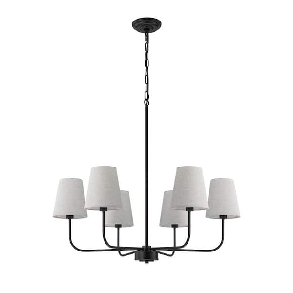 6-Light Farmhouse Chandelier with Fabric Shades, Adjustable Chain, Vintage Black Pendant Light for Dining Room