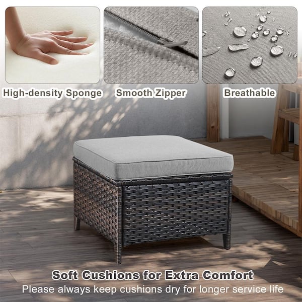 MoonLuxe Brown Wicker Outdoor Ottoman with Olefin Gray Cushions Patio/ Porch (2-Pack)