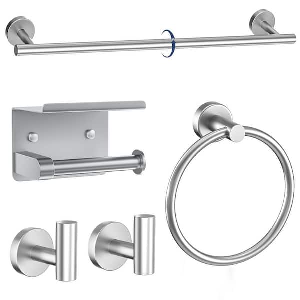 5 Piece Bathroom Hardware Set with Towel Bar Towel Ring Paper Holder with Shelf 2 Hooks in Brushed Nickel
