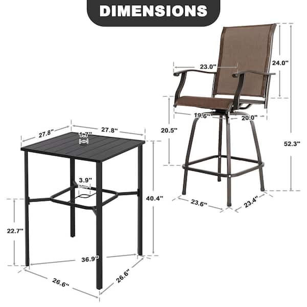 Black 3-Piece Textilene and Metal Square Outdoor Bar Set with Umbrella Hole and Brown Swivel Bar Stools