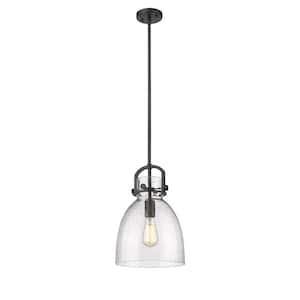 Newton Bell 100-Watt 1 Light Matte Black Shaded Pendant Light with Seeded glass Seeded Glass Shade