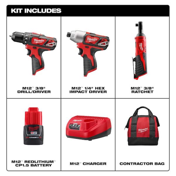M12 12V Lithium-Ion Cordless Drill Driver, Impact Driver, and Ratchet Combo Kit (3-Tool)