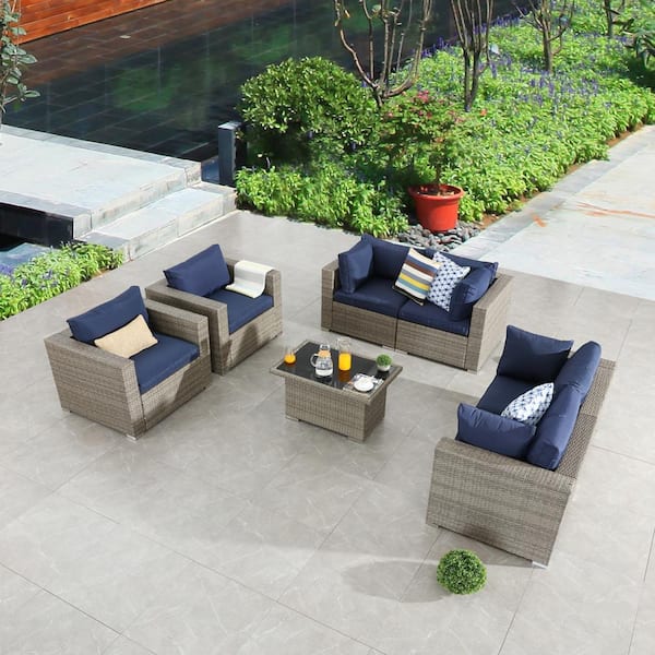 7-Piece Wicker Patio Conversation Set with Blue Cushions