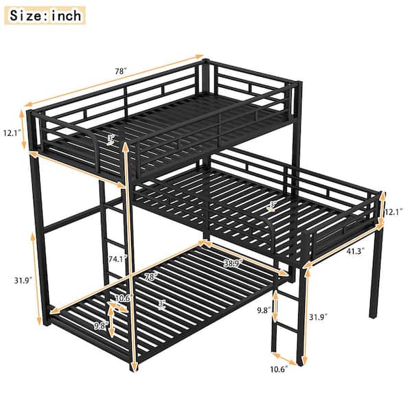 Black Twin Size L-Shaped Metal Triple Bunk Bed