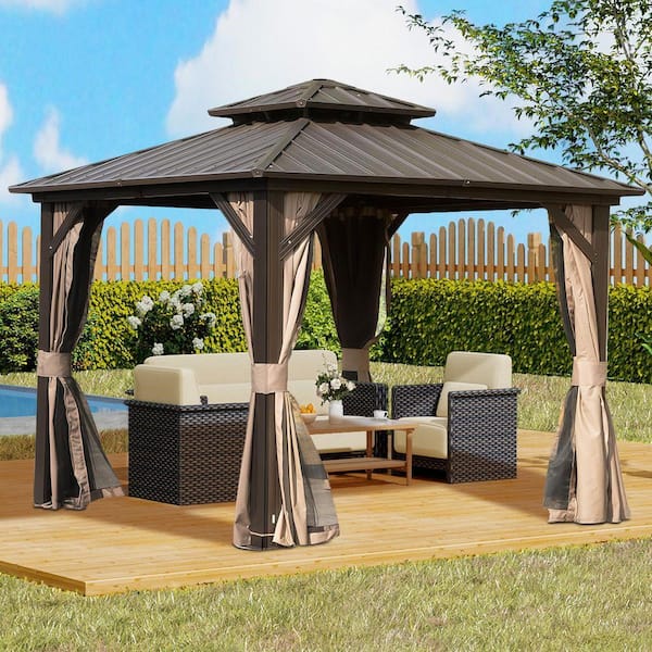 8 ft. x 8 ft. Brown Hardtop Gazebo, Aluminum Metal Gazebo with Galvanized Steel Double Roof Canopy, Curtain and Netting
