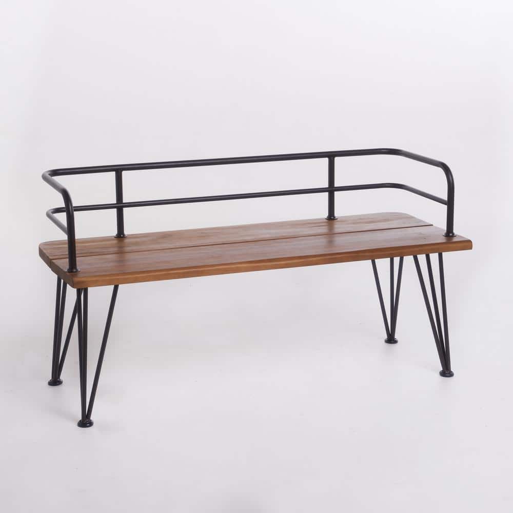 Teak and Rustic Metal Industrial Outdoor Bench