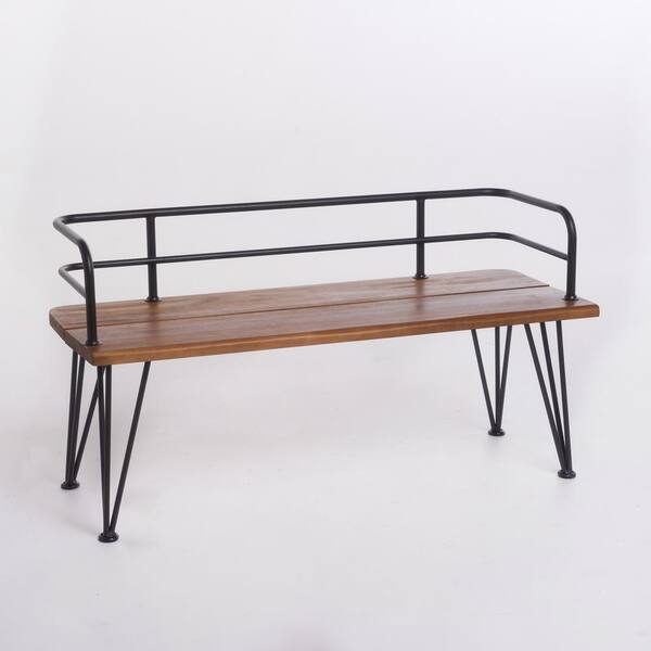 Teak Finished Acacia Wood Outdoor Bench, Industrial Outdoor Furniture