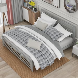 Gray Wood Frame King Size Platform Bed with Horizontal Strip Hollow Shape Headboard and Footboard