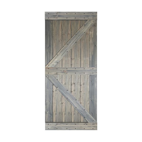 ISLIFE K Style 36 in. x 84 in. Aged Barrel Finished Solid Wood Sliding Barn Door Slab - Hardware Kit Not Included