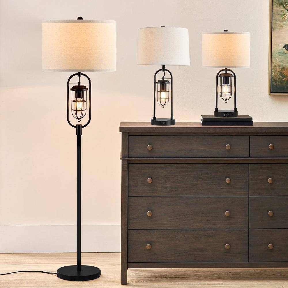 Industrial Black Arc Table Lamp with USB Ports and Fabric Shade