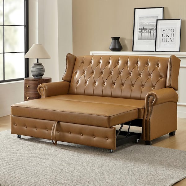JAYDEN CREATION Oswald Camel 73.5 in. W Queen Size Transitional Vegan Leather Sofa Bed with Button-tufted Back