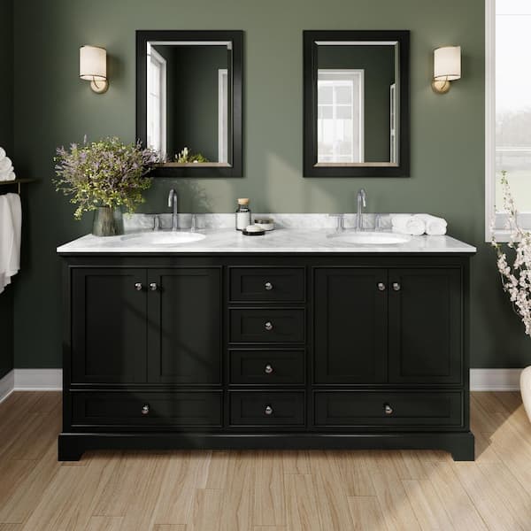 Wyndham Collection Deborah 72 in. Double Vanity in Dark Espresso with Marble Vanity Top in White Carrara with White Basins and Mirrors