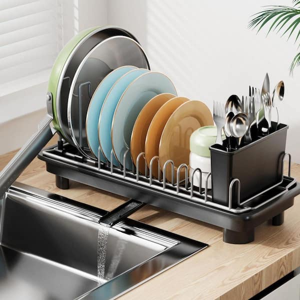 Black Compact Dish Rack with Adjustable Slots, Space-Saving Kitchen Counter Drying Rack for Small Spaces