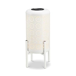 14.25 in. H White Metal Cutout Flower Pattern Solar Powered LED Outdoor Lantern with Stand