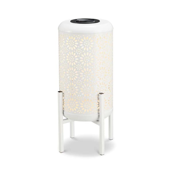 Glitzhome 14.25 in. H White Metal Cutout Flower Pattern Solar Powered LED Outdoor Lantern with Stand