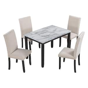 Marble Table 5-Piece Rectangle White Wood Top High Luxury Bar Table Set Dining Room Set Seats 4