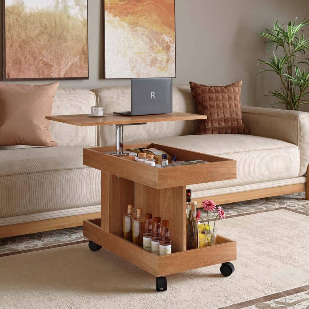 26.77 in. Brown Rectangle Wood Small Console Table with Wheels, Rolling End Table with Storage Compartment , Living Room price history on PriceWatchPro