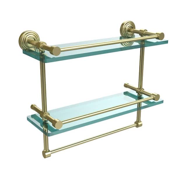 Allied Brass 16 in. L x 12 in. H x 5 in. W 2-Tier Gallery Clear Glass Bathroom Shelf with Towel Bar in Satin Brass