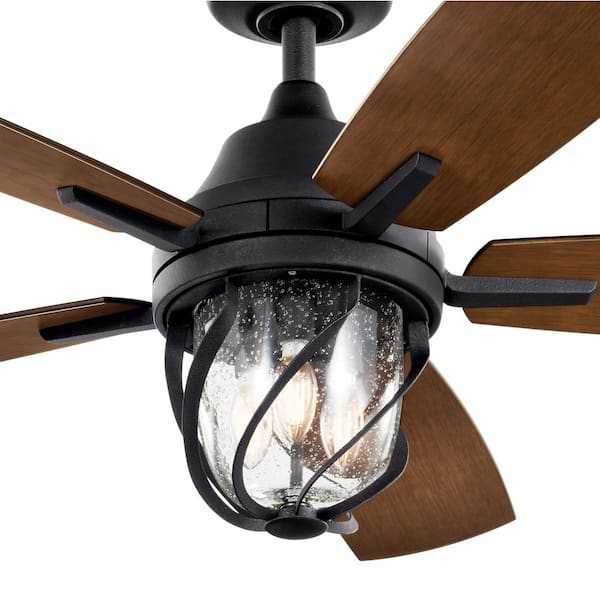 52" Black Distressed Antique Wood Ceiling Fan Seeded Glass Shade LED Modern Lamp 