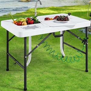 2-in-One 40 in. Portable Folding Fish Cleaning Patio Dining Table with Deep Sink, Water Hose Hookup and Fauce