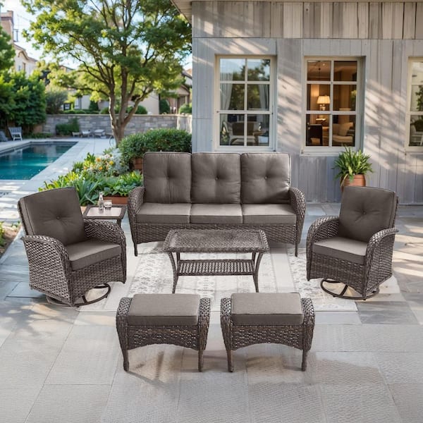 Bellefurn Rotavia 7-Piece Brown Wicker Patio Conversation Set with Olefin Gray Cushion, Patio Swivel Glider, Sofa and Ottoman