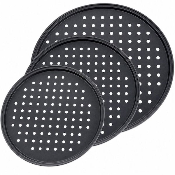 3 Pieces Black Carbon Steel 9 in. 10 in. 12 in. Pizza Pan Set with Holes, Oven Baking Supplies Home Kitchen Restaurant