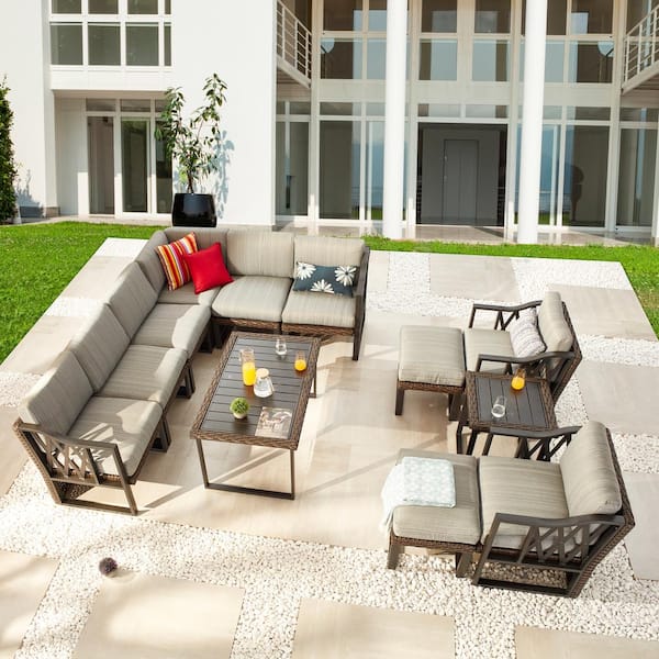 Patio Festival 12-Piece Wicker Collection Patio Conversation Set with Gray Cushions