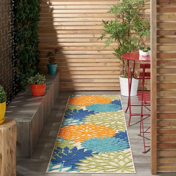 Aloha Multicolor 2 f t. x 10 ft. Kitchen Runner Floral Modern Indoor/Outdoor Patio Area Rug