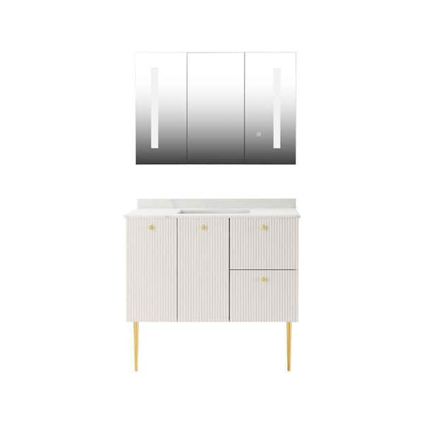 Mediterraneo Padua 39in W x 18.5in D x 33.5in H Single Sink Bath PVC Vanity in White with Sintered Stone Top and LED Mirror Cabinet
