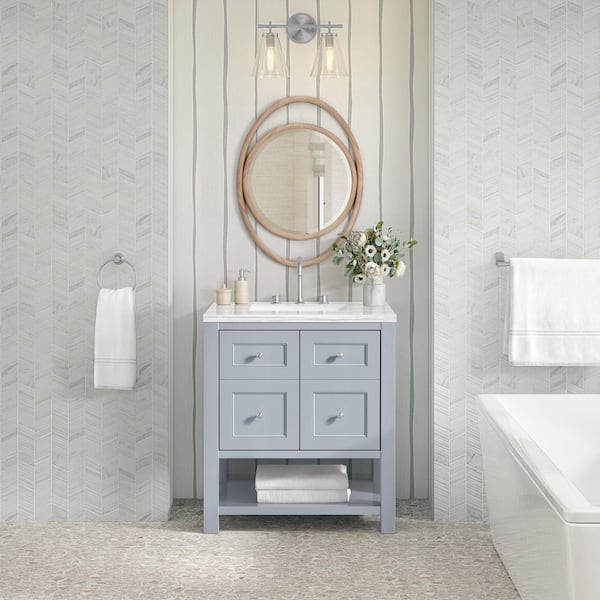 James Martin Vanities Breckenridge 30.0 in. W x 23.5 in. D x 34.25 in. H Single Bath Vanity in Serenity Blue w/ Solid Surface Arctic Fall Top