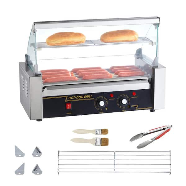 5-Roller Hot Dog Cooker, 12 Hot Dog Capacity, 750W Stainless Grill Machine with Dual Temp Control, Acrylic Cover, Silver