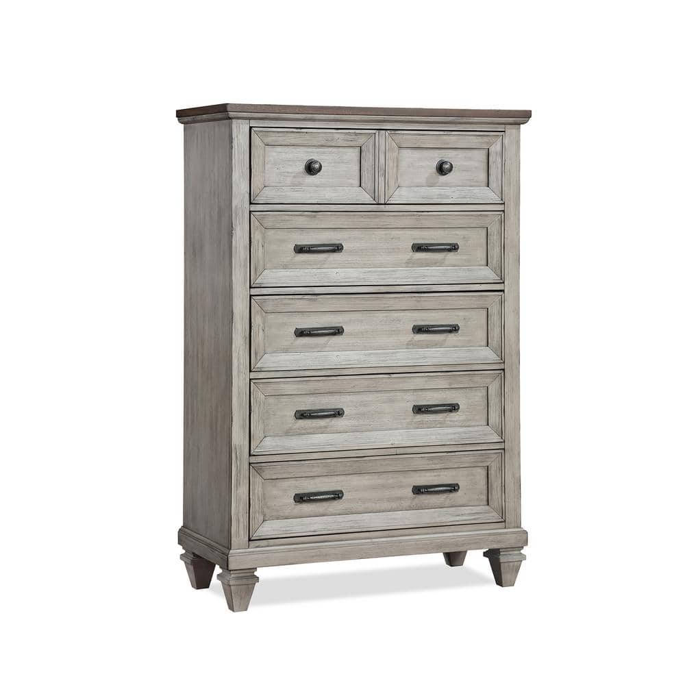 Vintage Creme Acacia Wood 5-Drawer Chest with Walnut Top