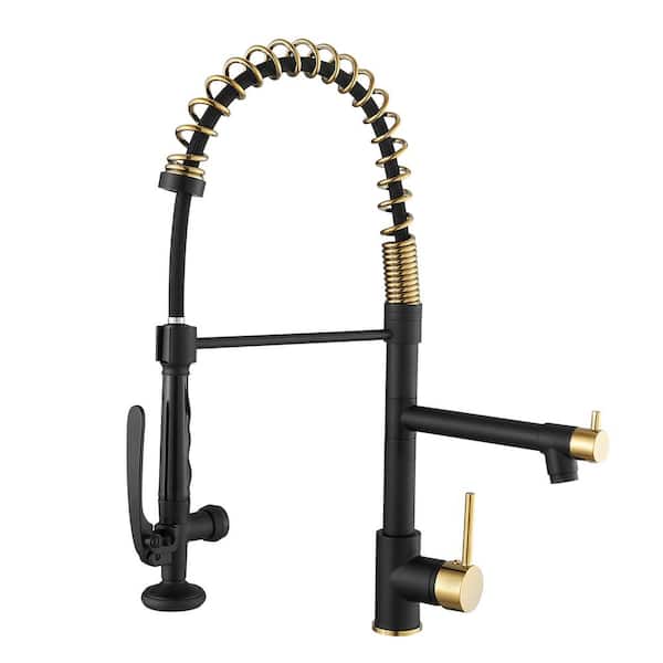Single Handle High Arc Pull Out Sprayer Kitchen Faucet in Black and Gold