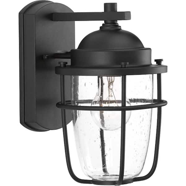 Progress Lighting Holcombe Collection 1-Light Textured Black Clear Seeded Glass Farmhouse Outdoor Small Wall Lantern Light