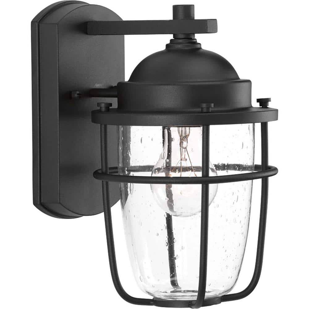 Holcombe Collection 1-Light Textured Black Clear Seeded Glass Farmhouse Outdoor Small Wall Lantern Light price history on PriceWatchPro